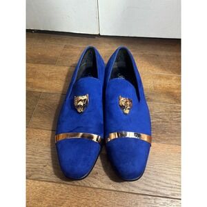 Amali Mens Royal Blue Suede Loafer Shoes Gold Lion Head Buckle Dress Size 12